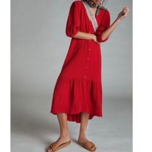 Anthropologie Maeve Red Scarletta Crinkle Midi Dress Sz XXS Petite